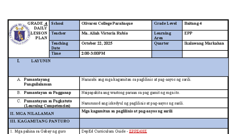 EPP4HE - Final Lesson Plan for Grade 4 on Personal Hygiene - Studocu