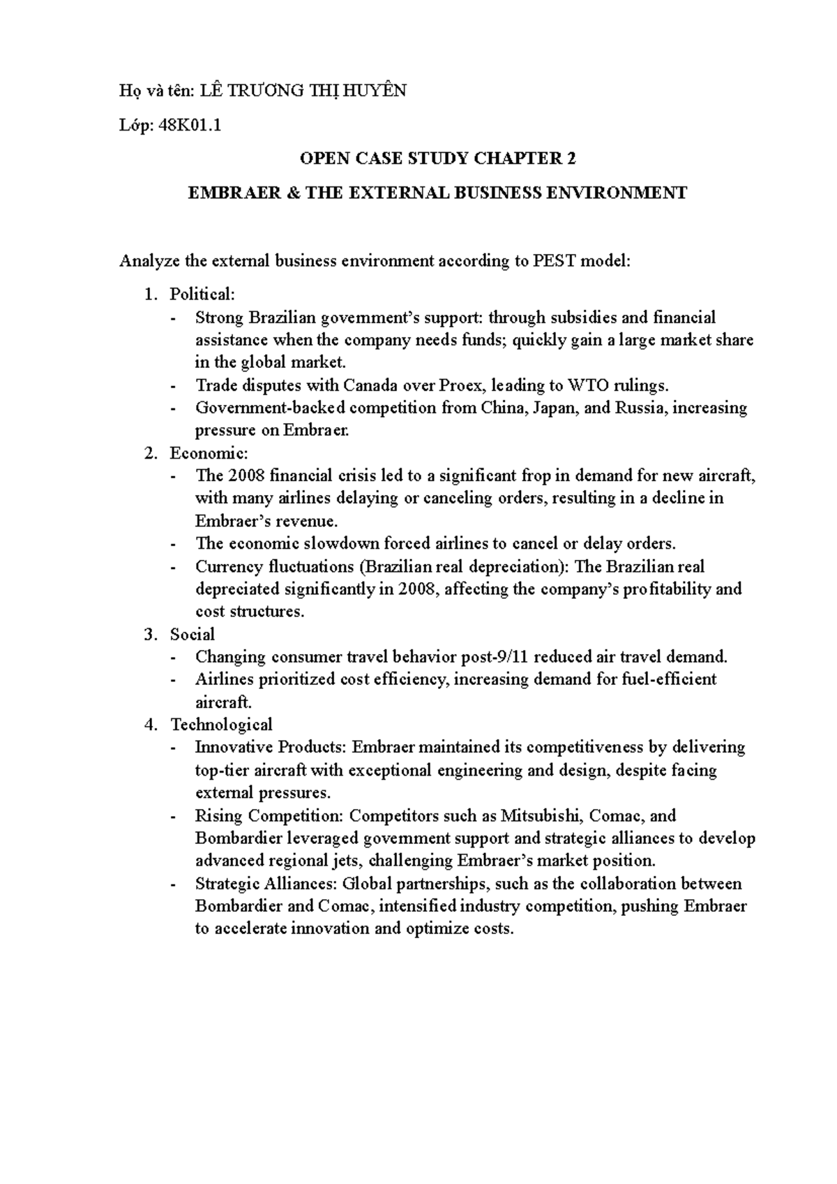 OPEN CASE STUDY 48K01.1: EMBRAER & THE EXTERNAL BUSINESS ENVIRONMENT ...