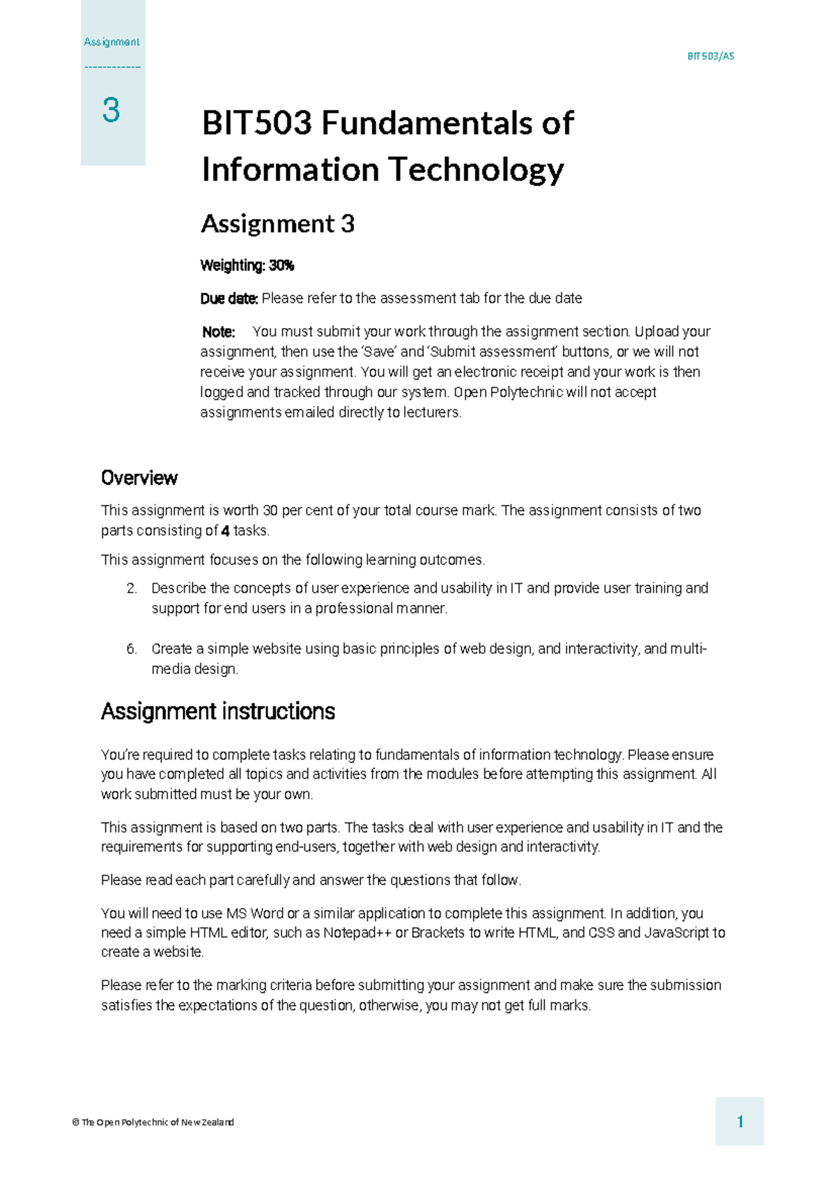 Assignment 3 - BIT503/AS BIT503 Fundamentals of Information Technology ...