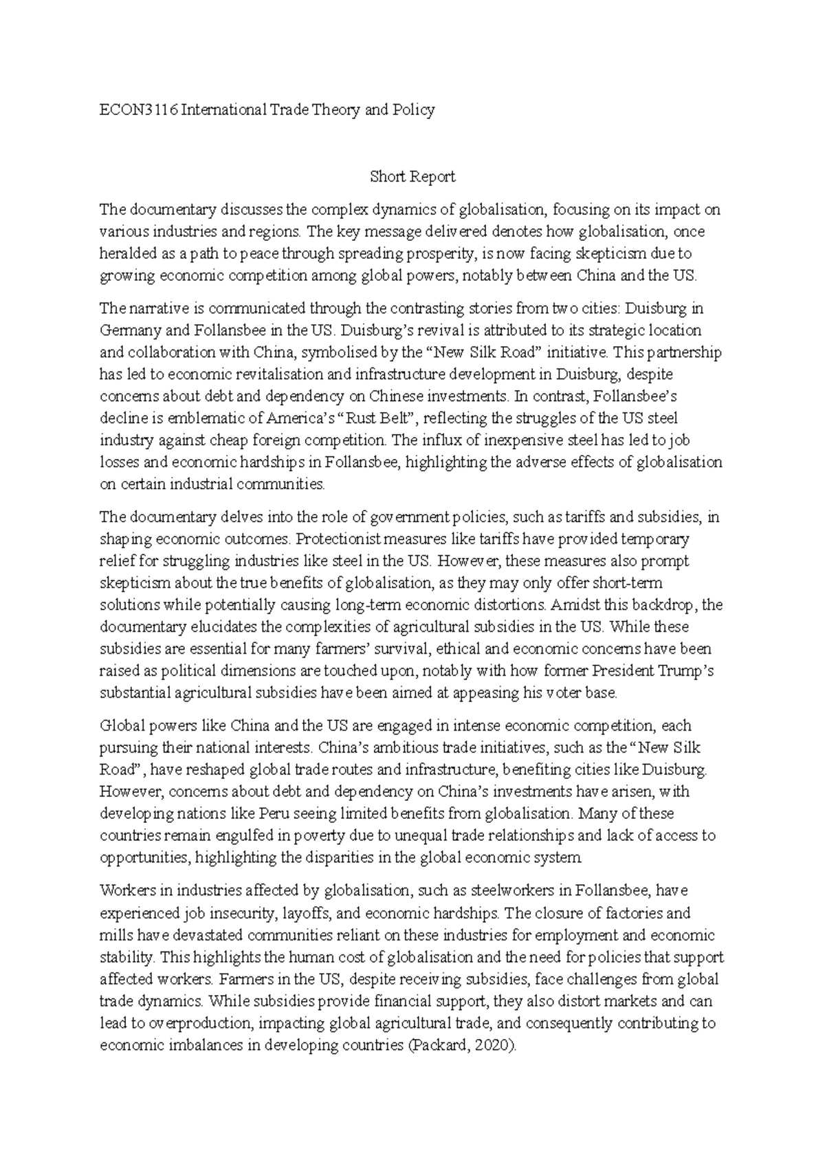 ECON3116 Short Report on Globalization and Trade Dynamics - Studocu