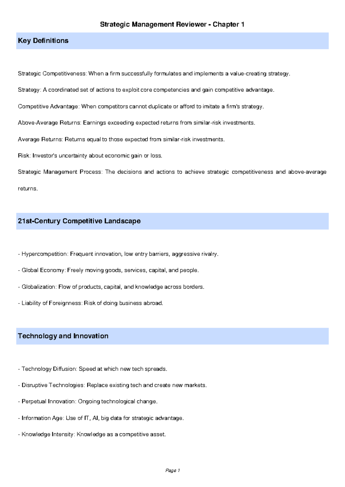 Strategic Management Reviewer (SM 101): Chapter 1 Key Definitions - Studocu
