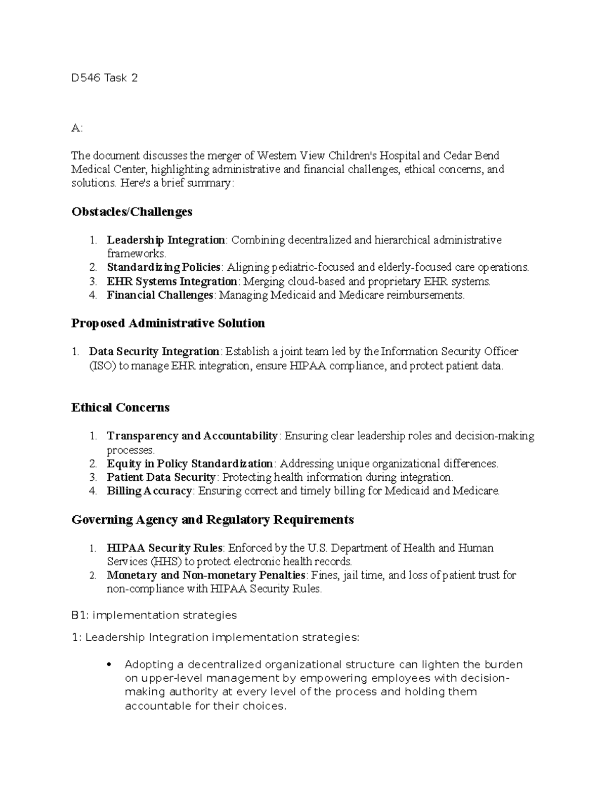 D546 Task 2: Merger Analysis of Western View Hospital & Cedar Bend ...