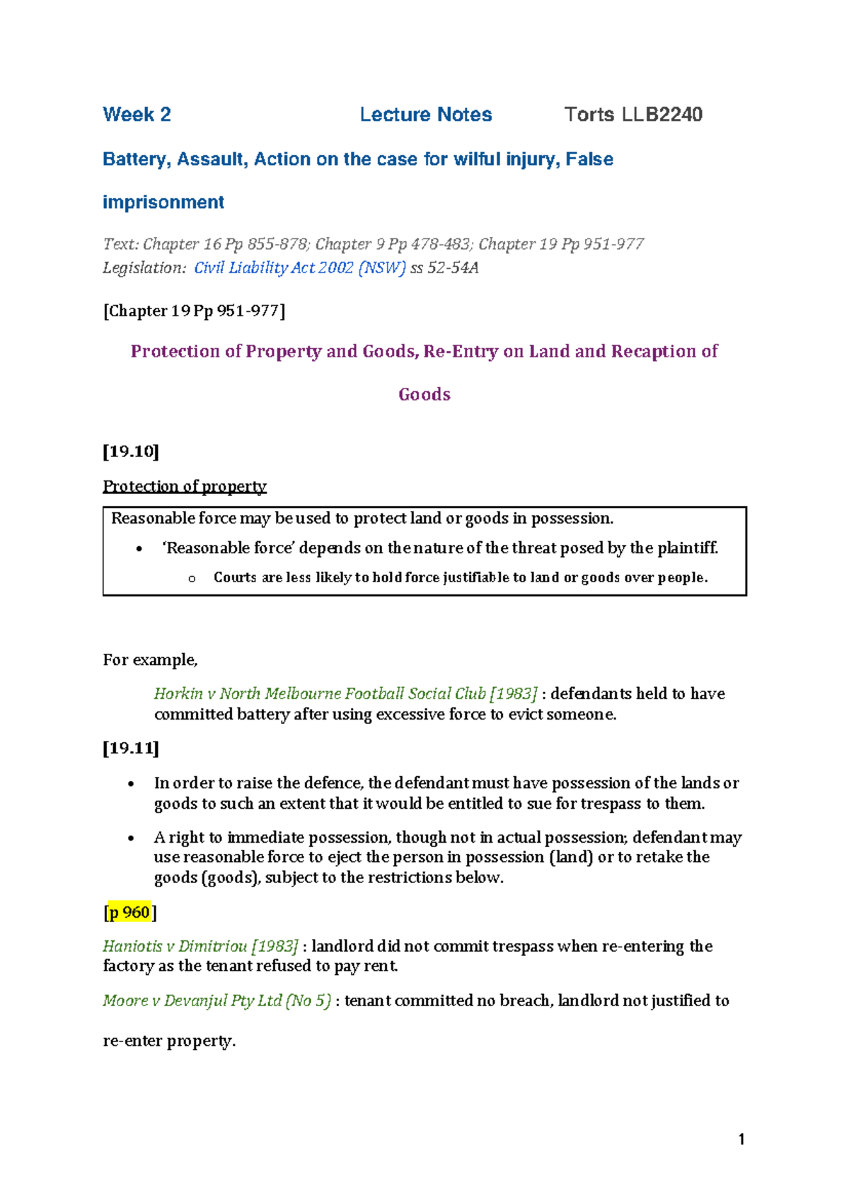 Wk 2 Lecture Property defence Torts LLB2240 - 1 Week 2 Lecture Notes ...