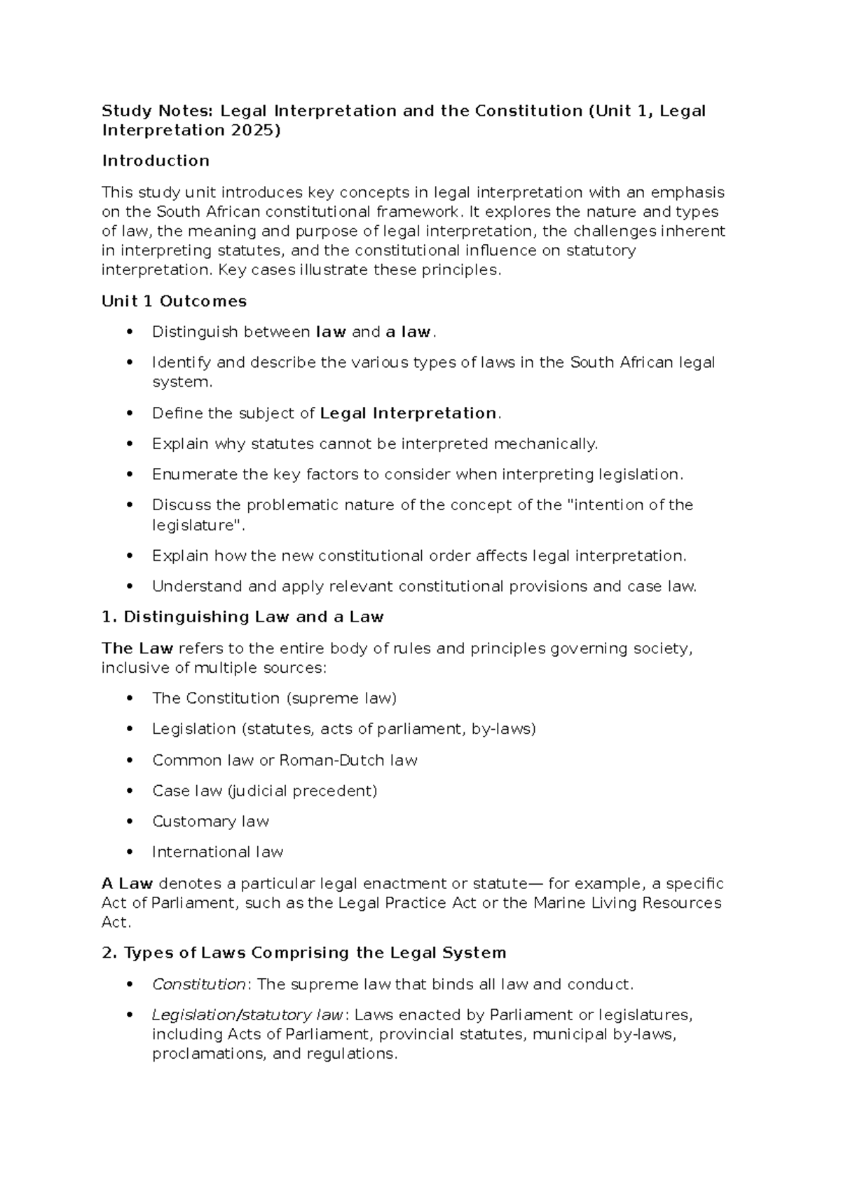 Study Notes: Legal Interpretation & Constitution (Unit 1, Legal ...