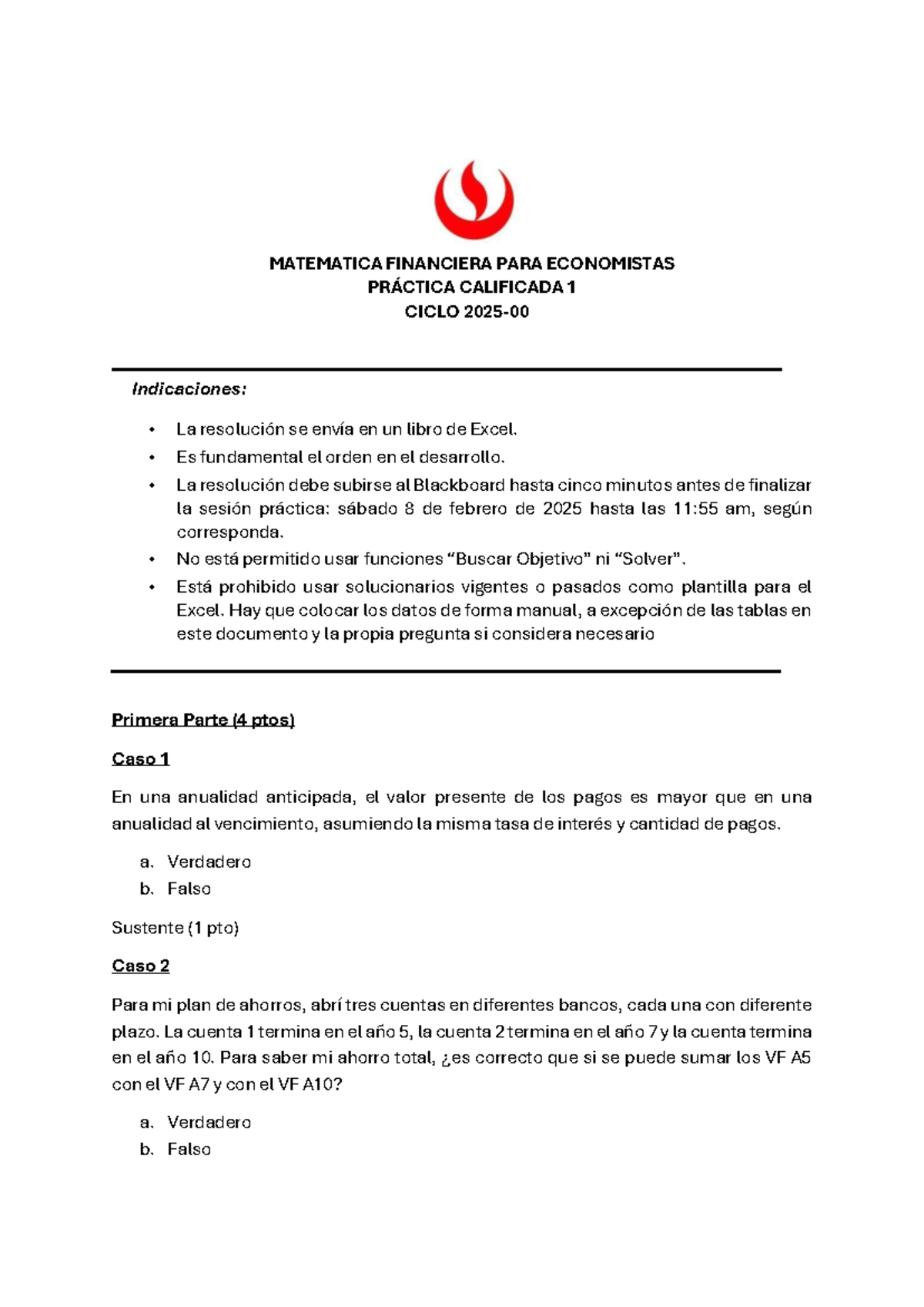 MATEMÁTICA FINANCIERA PARA ECONOMISTAS - PRÁCTICA CALIFICADA 1 (CICLO ...