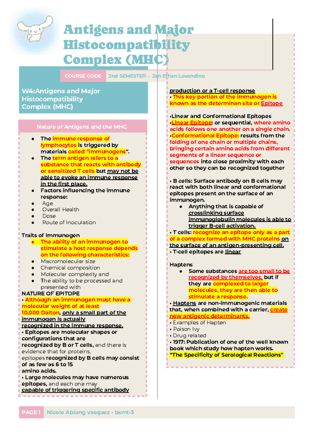 W4: Antigens and Major Histocompatibility Complex (MHC) Overview - Studocu