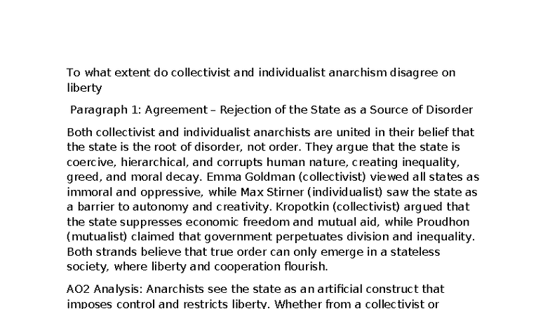 Disagreement on Liberty: Collectivist vs. Individualist Anarchism - Studocu