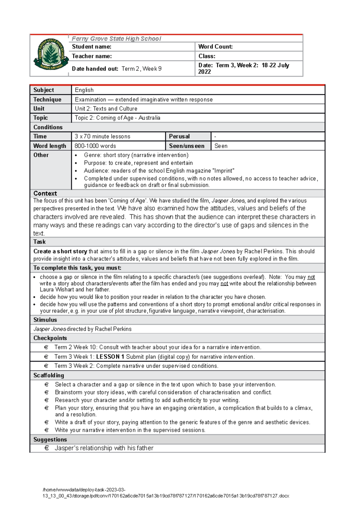 Unit 2 English: Extended Imaginative Response - Jasper Jones Context ...