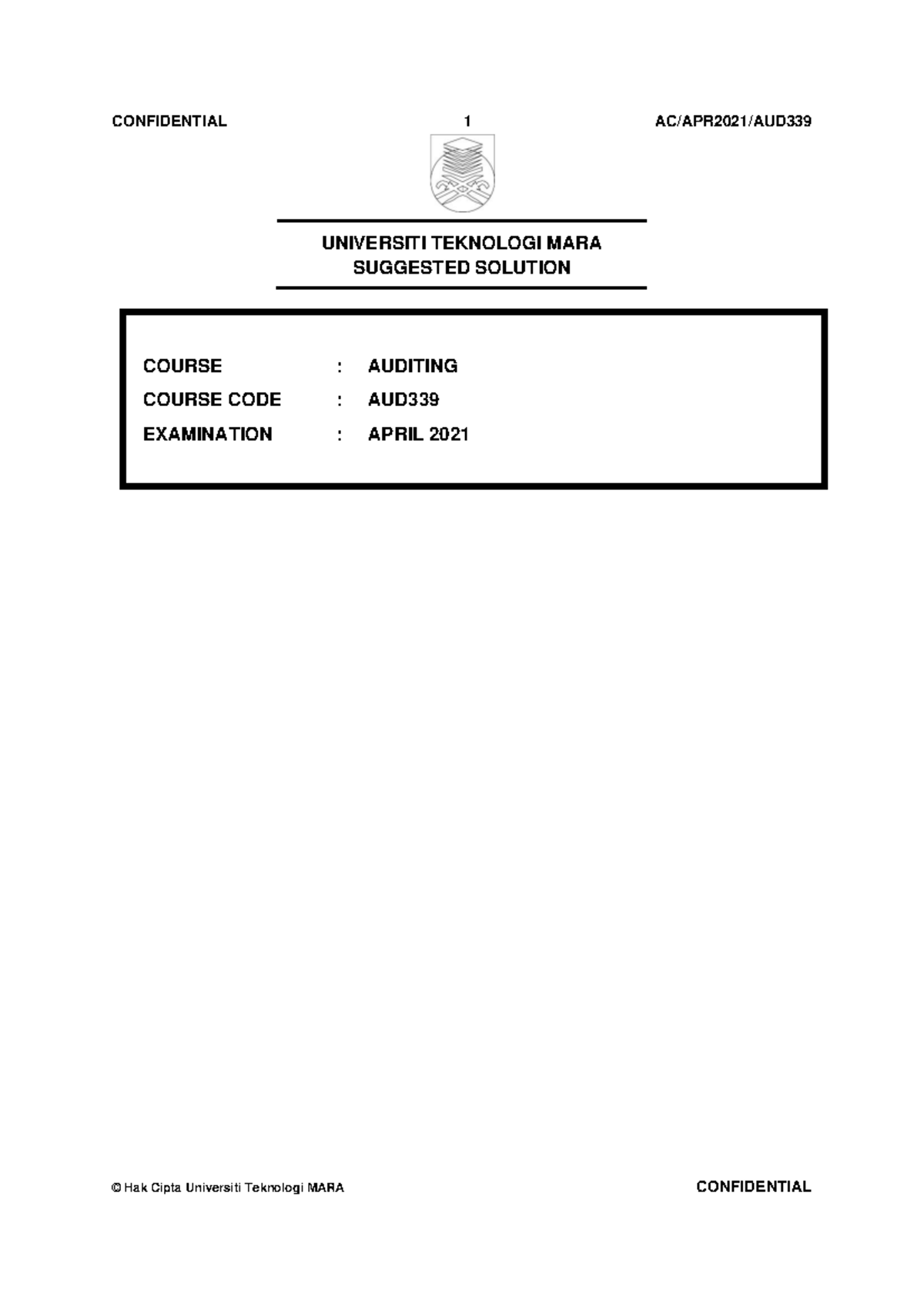 AUD339 Suggested Solutions for April 2021 Auditing Exam - Studocu
