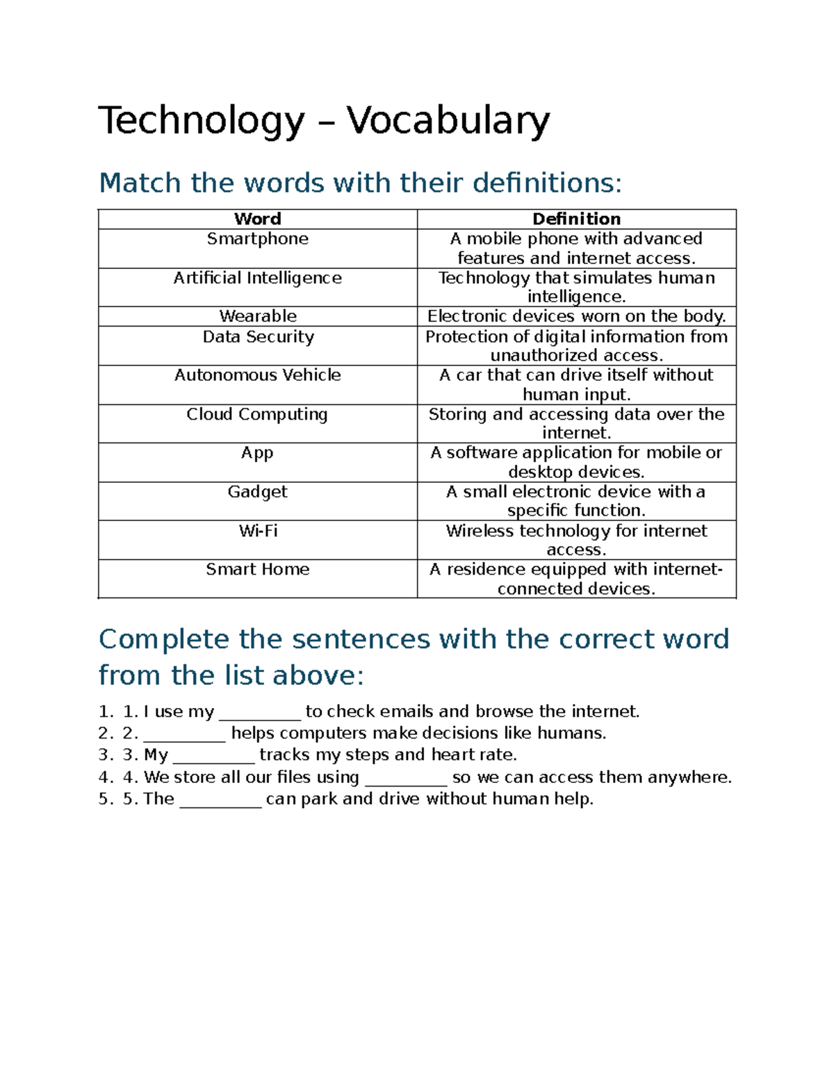 English Technology Vocabulary: Definitions & Matching Exercise - Studocu