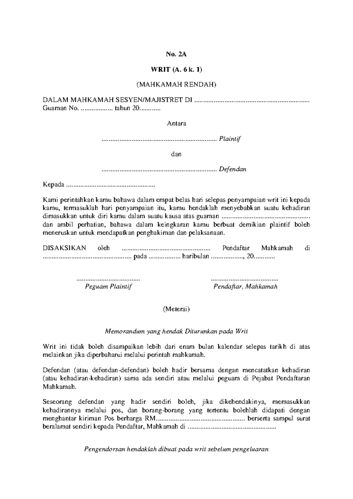 Sample OF WRIT 0 - Civil Procedure - No. 2A WRIT (A. 6 k. 1) (MAHKAMAH ...