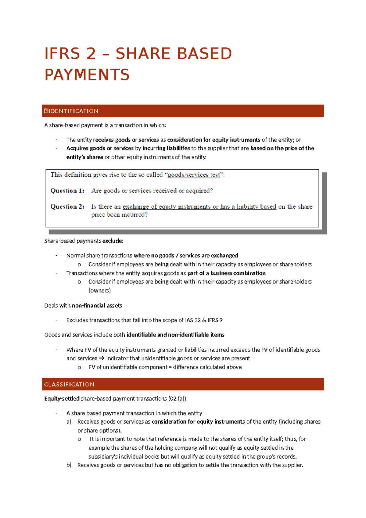 IFRS 2 Notes: Understanding Share-Based Payments and Recognition - Studocu