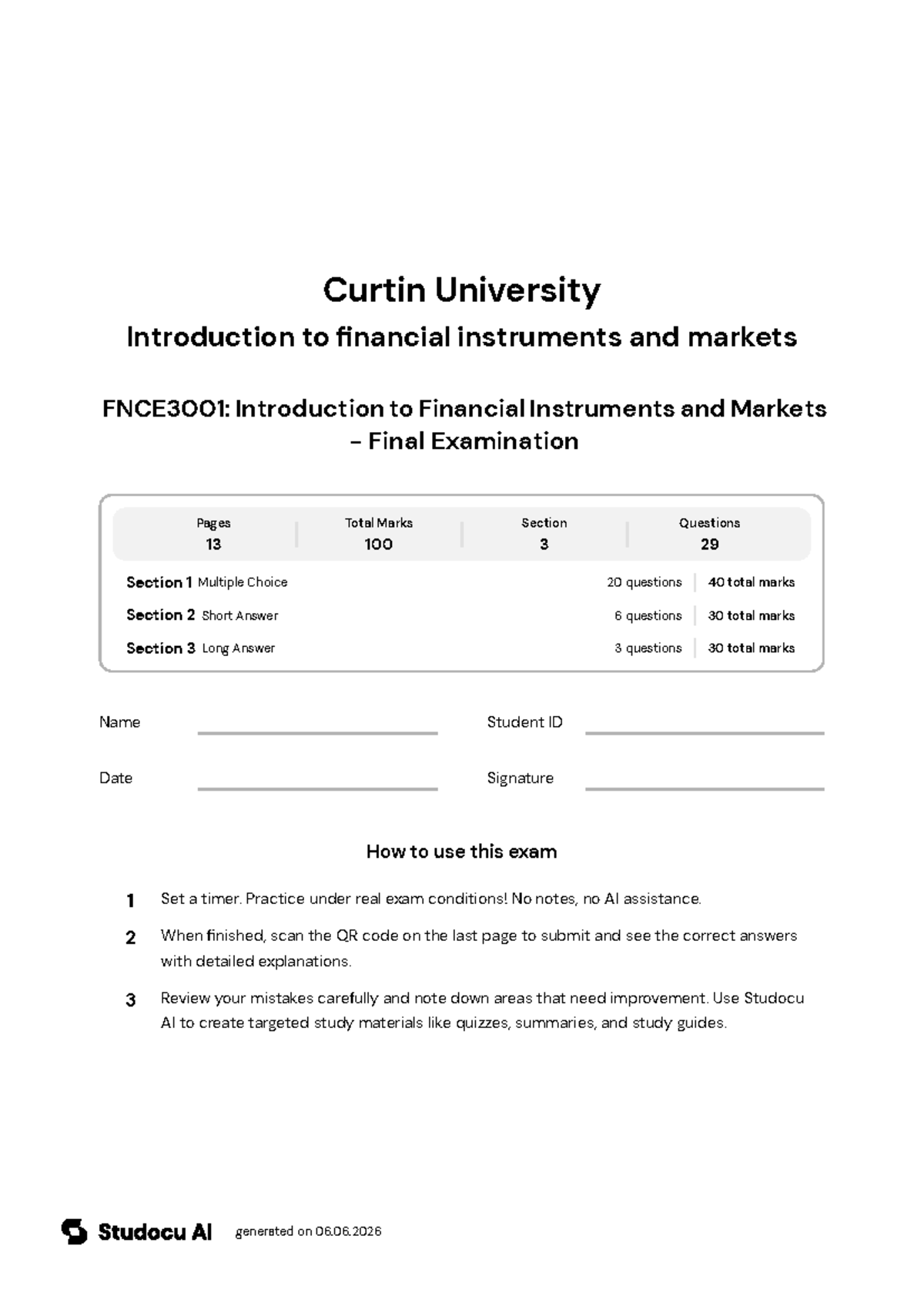 FNCE3001: Final Exam on Financial Instruments - Studocu