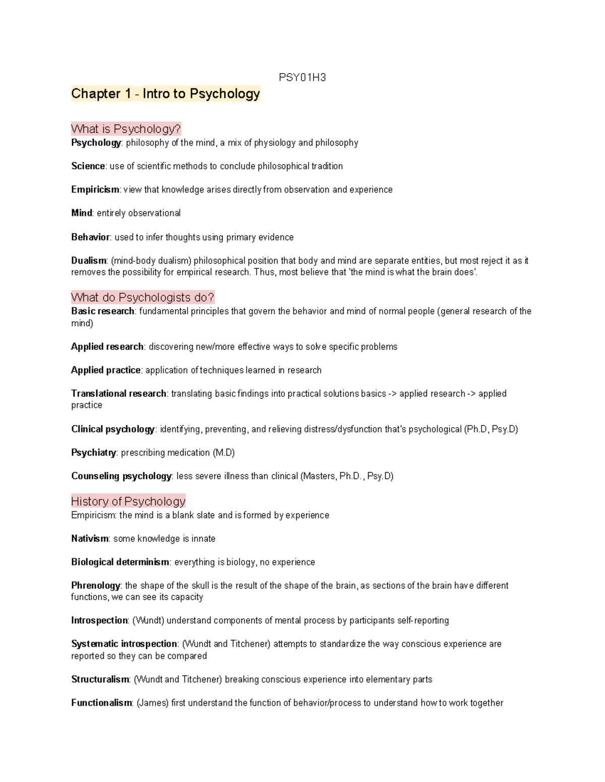 PSYA01H3 - Terms - PSY01H Chapter 1 - Intro to Psychology What is ...