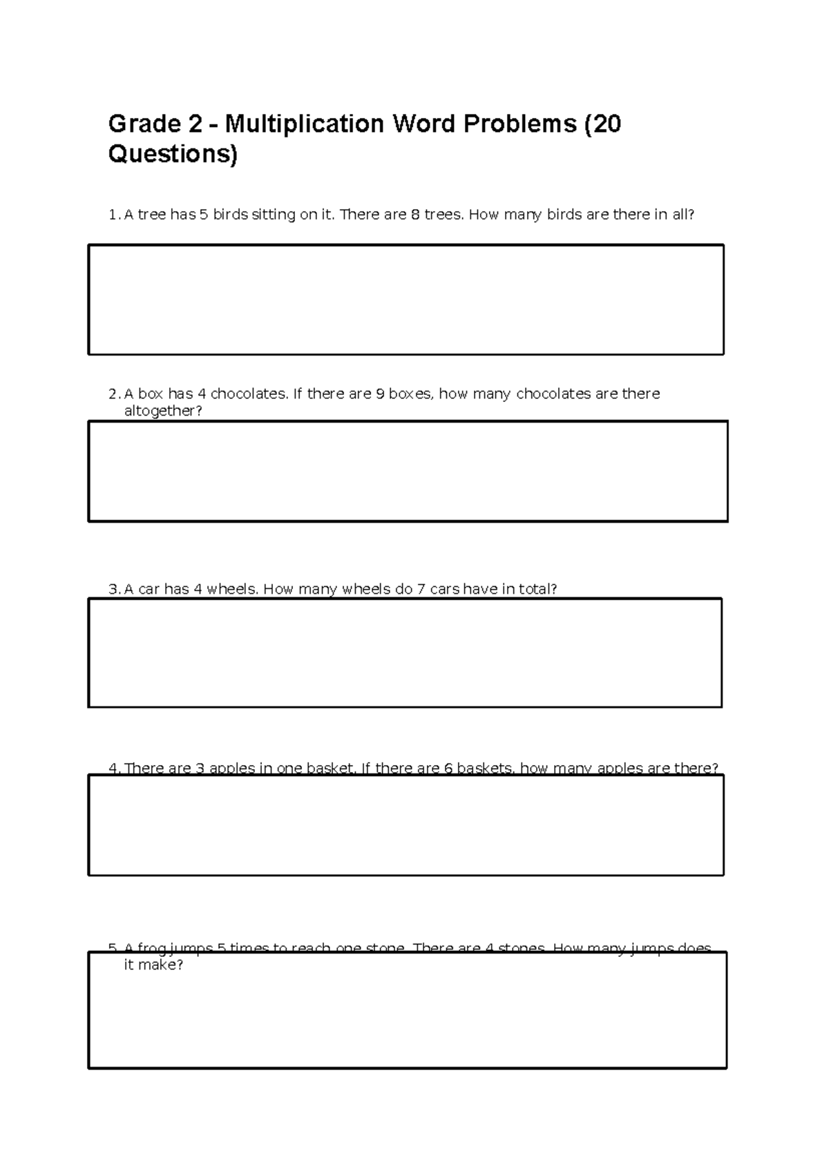 Grade 2 Multiplication Word Problems Worksheet (20 Questions) - Studocu