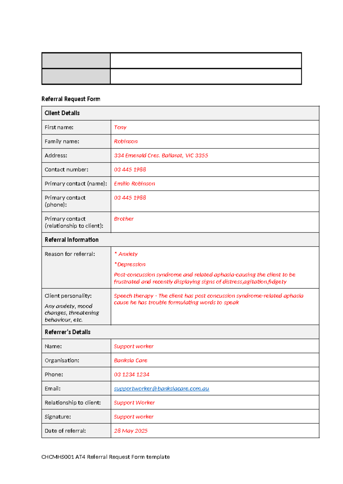 Referral Request Form - CHCMHS001 for Client Tony Robinson - Studocu