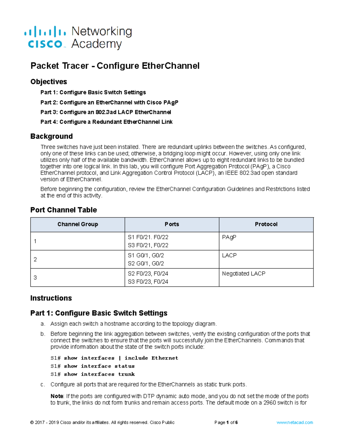 6.2.4 Packet Tracer - EtherChannel Configuration Lab Guide - Studocu