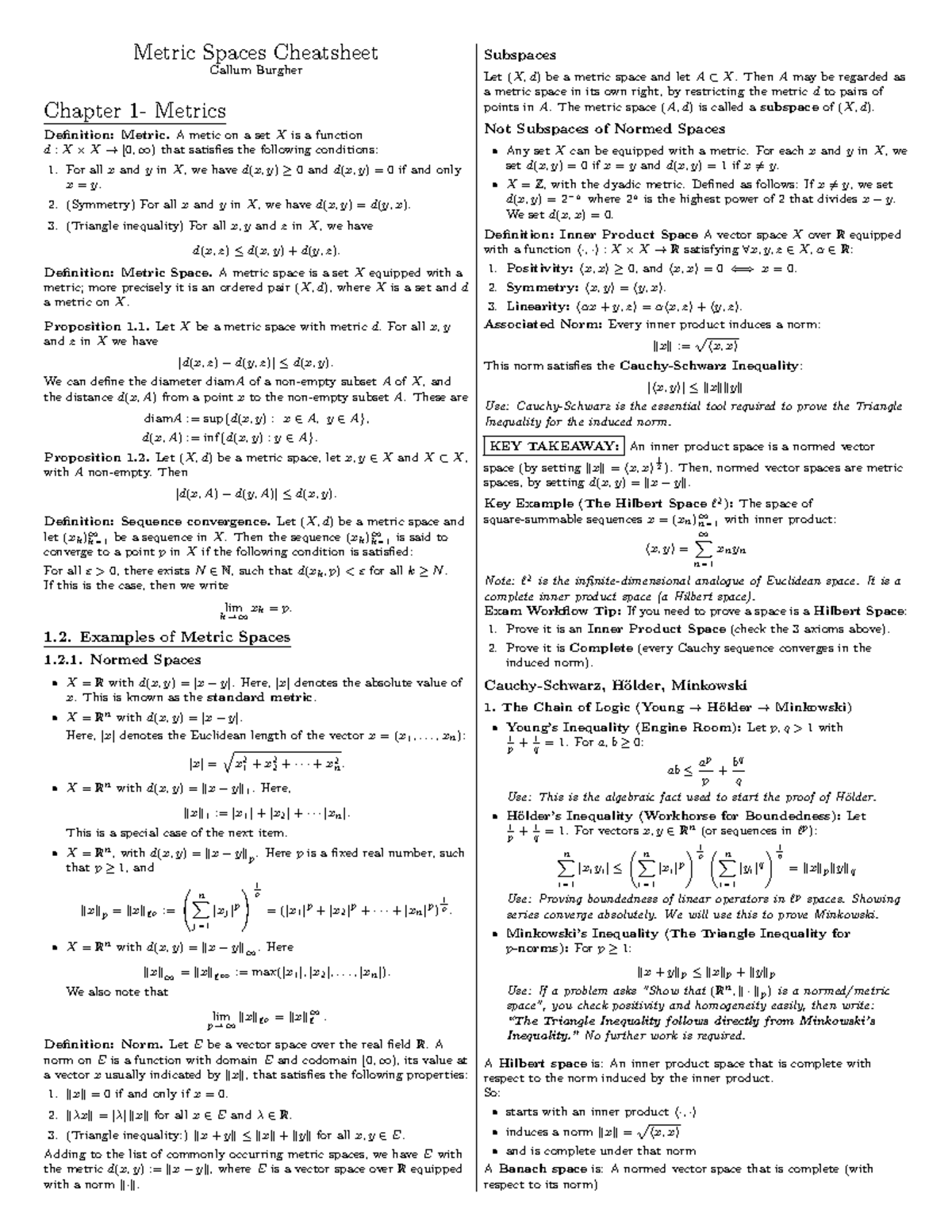 Metric Spaces Cheatsheet (MATH 301) - Key Definitions & Properties ...
