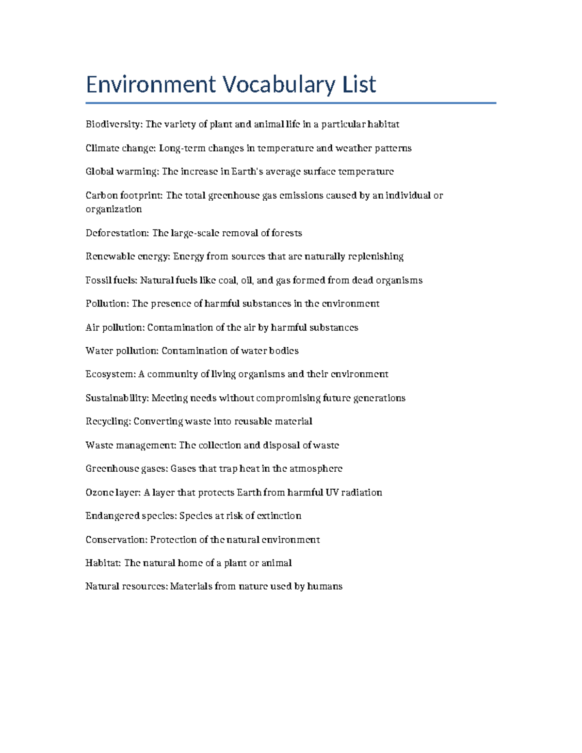 ENV 101: Environment Vocabulary List for Biodiversity and Conservation ...