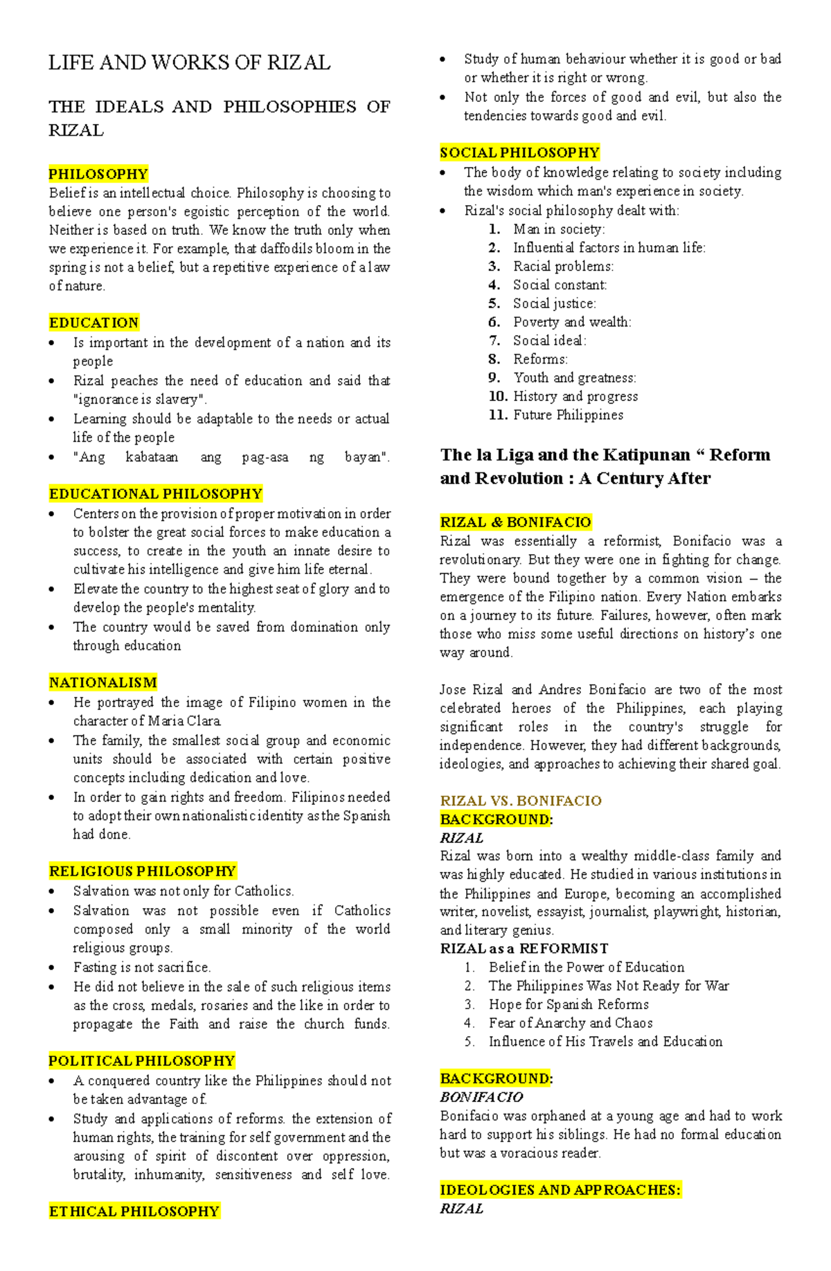 LIFE AND WORKS OF RIZAL: FINAL EXAM STUDY NOTES - Studocu