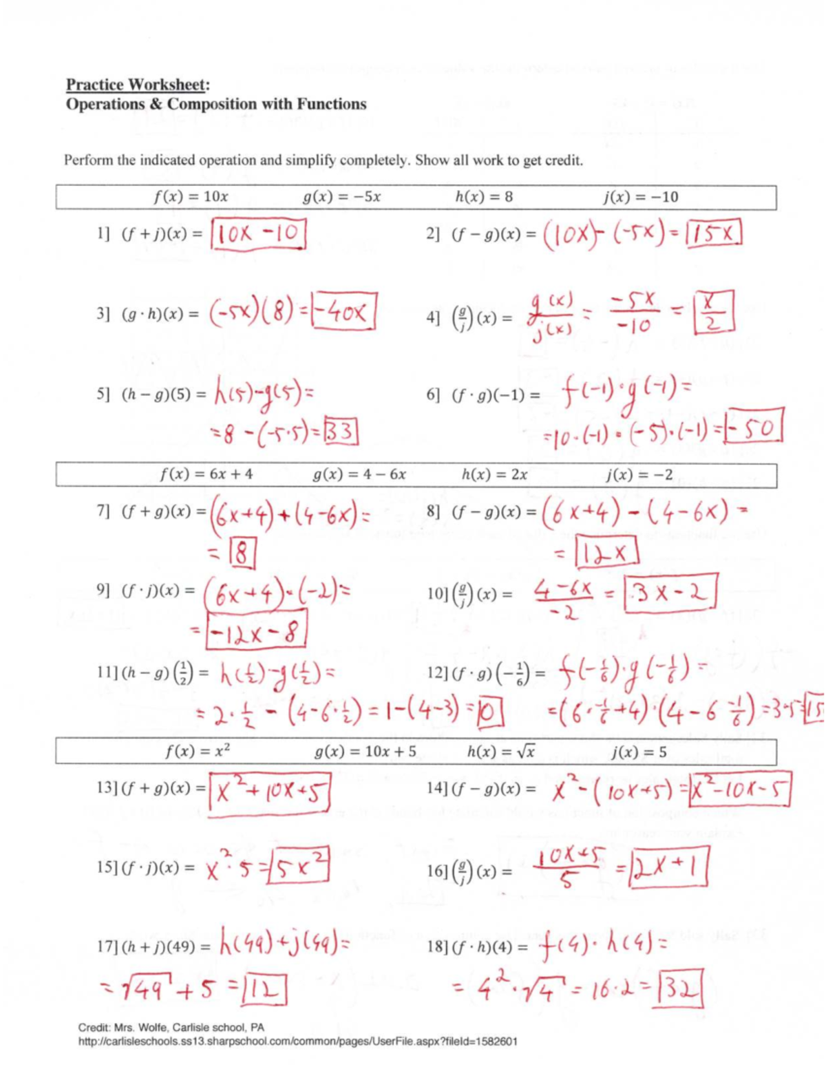 Practice Worksheet: Ops Composition with Functions (1.1-1.4 Review ...