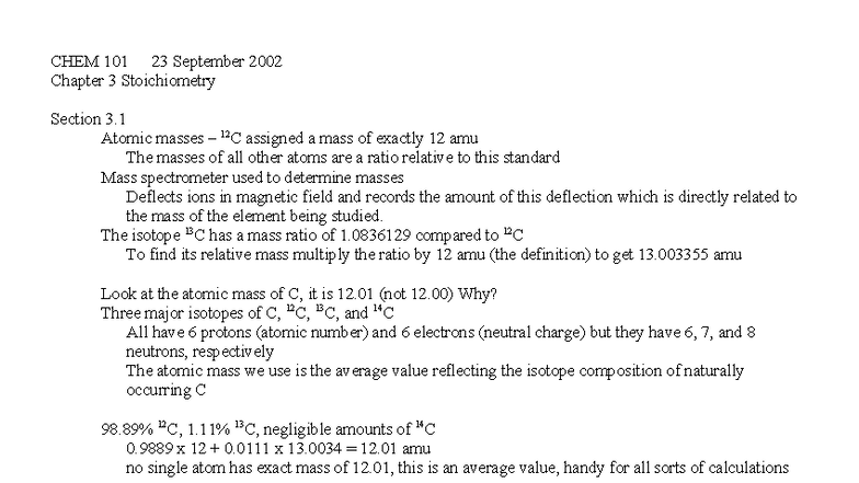 CHEM 101 Chapter 3 Stoichiometry: Atomic Masses & Moles - Studocu