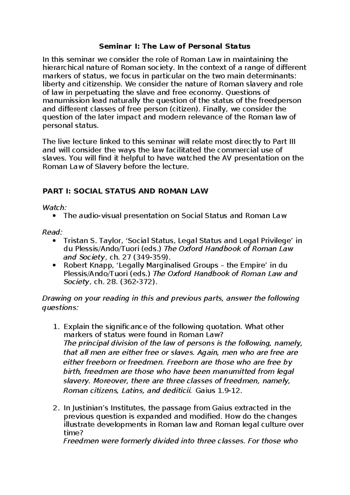 Roman Law of Personal Status - LC1 - Tutorial Handout - Studocu