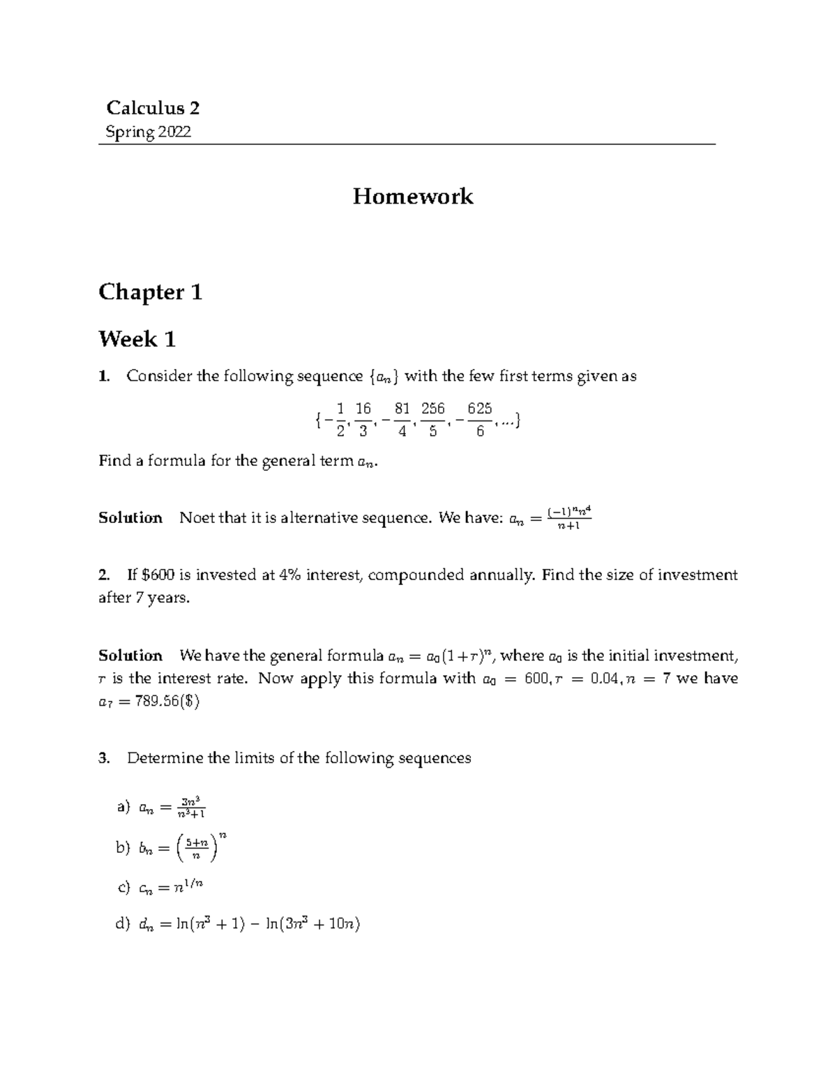 HW Calculus 2 - Review - Calculus 2 Spring 2022 Homework Chapter 1 Week ...
