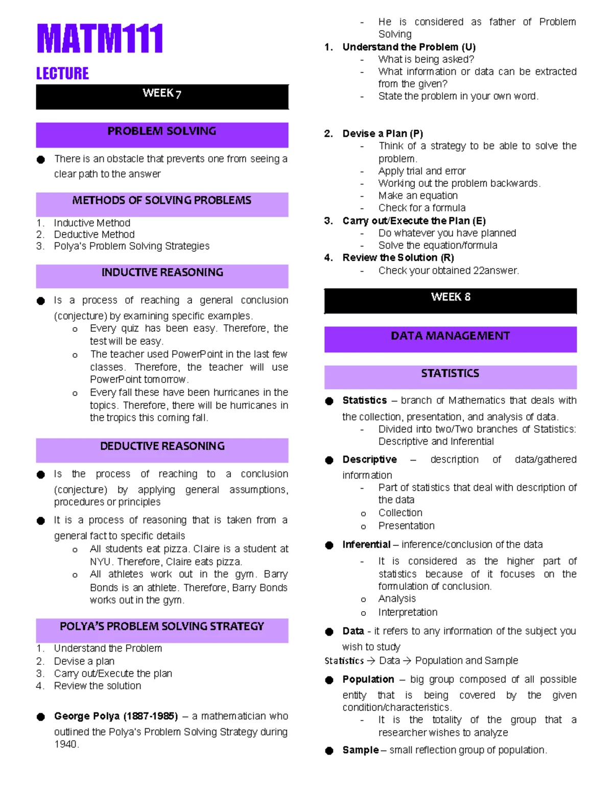 W78Math111 - Mathm111 Midterm Study Notes on Statistics - Studocu