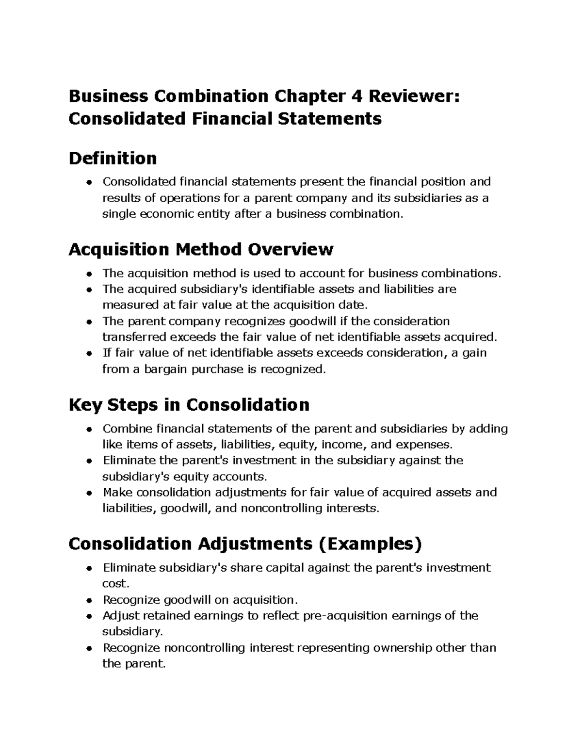 Business Combination CH4 Reviewer: Consolidated Financial Statements ...