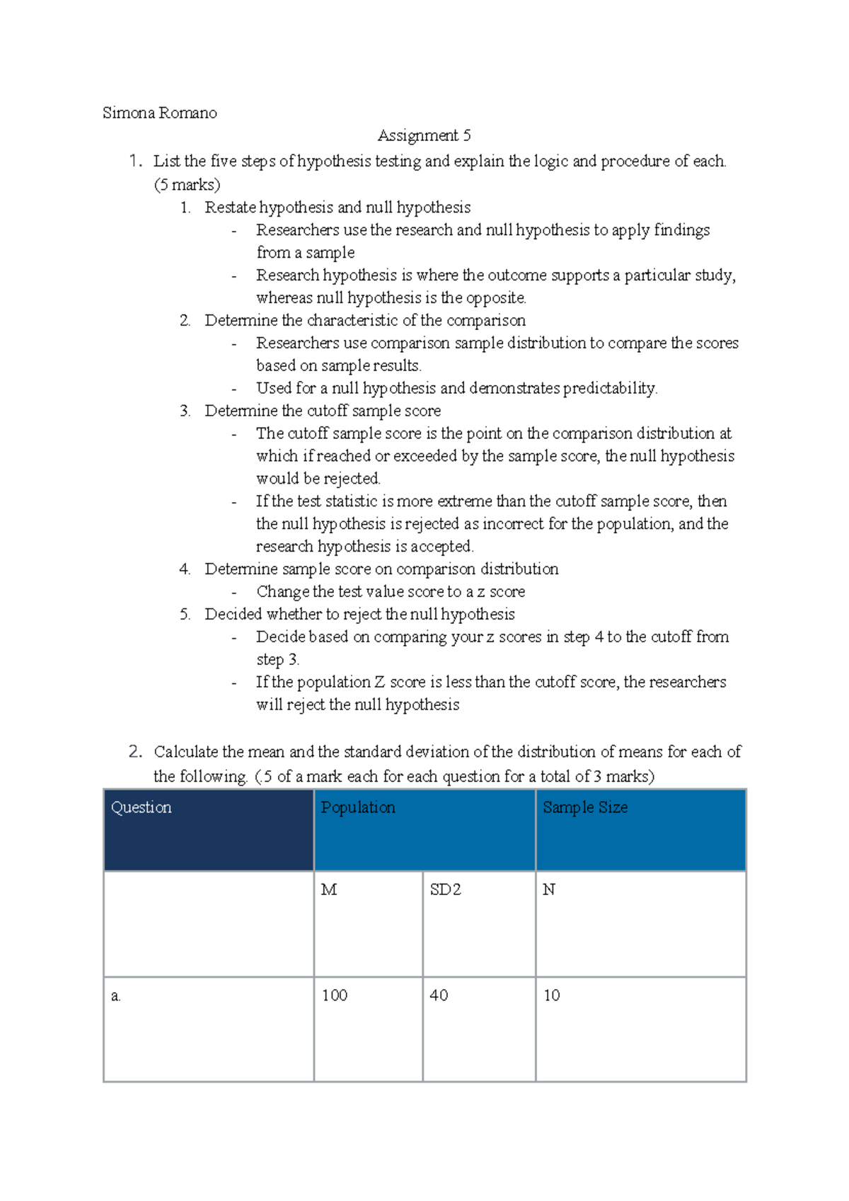 Statistics Assignment 5: Hypothesis Testing Steps and Calculations ...