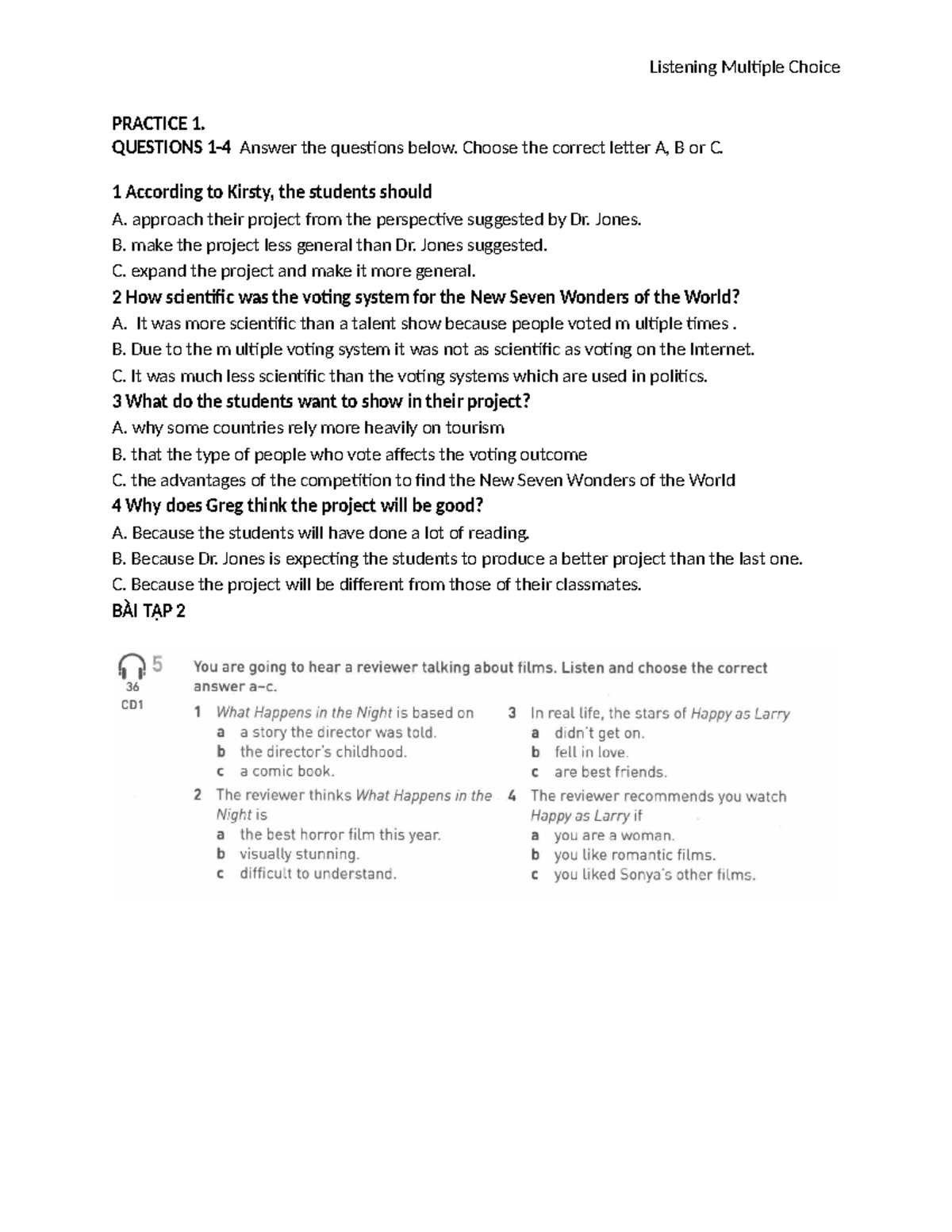Listening MC Practice 1: Multiple Choice Questions - Studocu