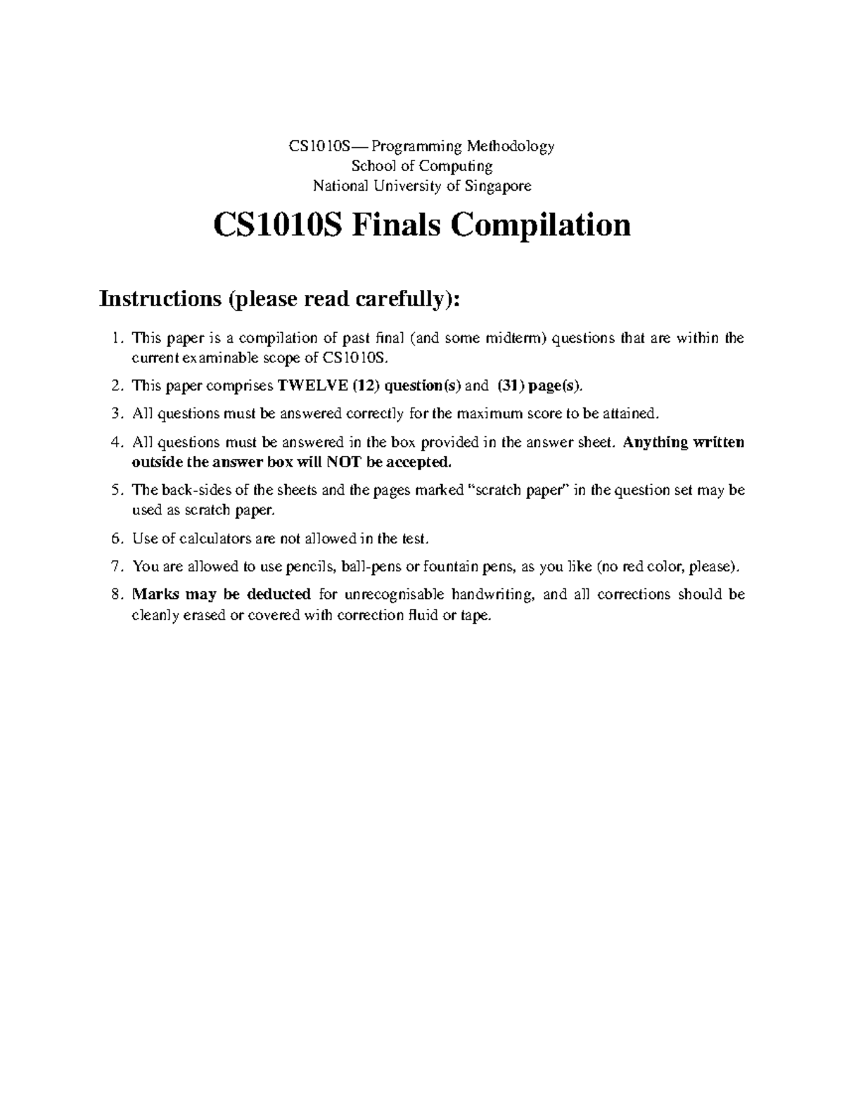CS1010S Final Exam Compilation: Past Questions Overview - Studocu