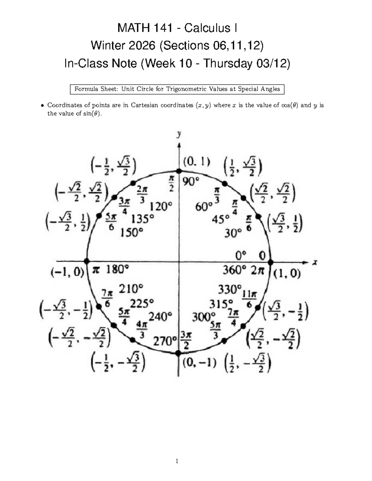 MATH 141 - Calculus I In-Class Notes: Unit Circle - Studocu