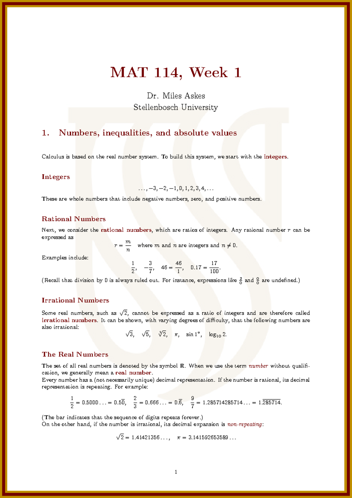 MAT 114 Week 1 - Dr. Miles Askes Lecture Notes on Numbers ...