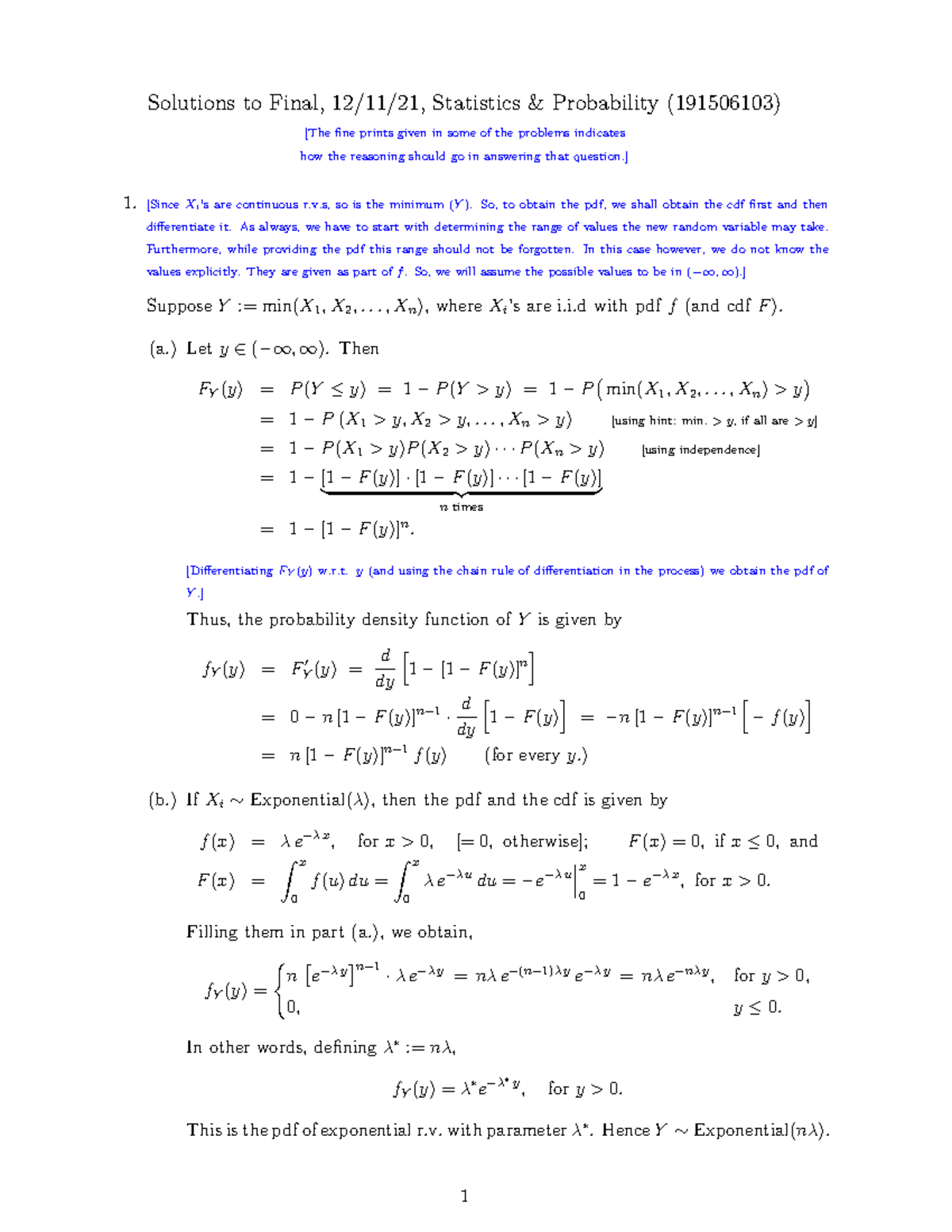 Final Solutions to Statistics & Probability Exam 191506103 - 12/11/21 ...