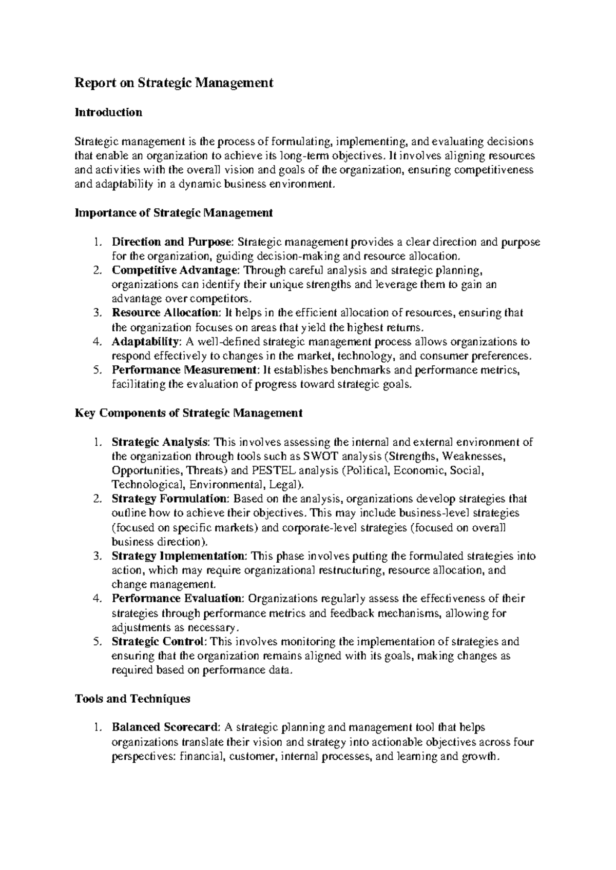 Report on Strategic Management - Report on Strategic Management ...