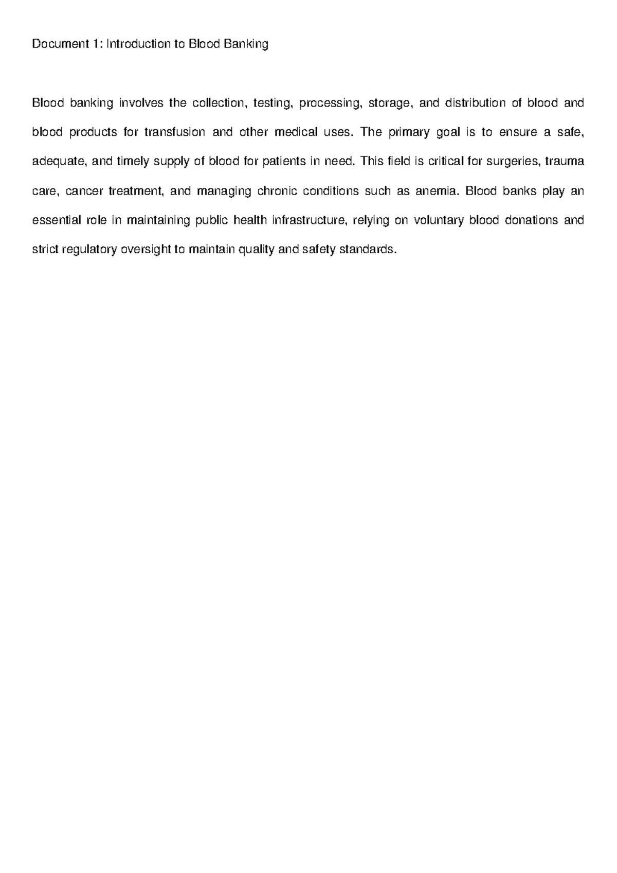 Document 1 introduction to blood banking - Document 1: Introduction to ...