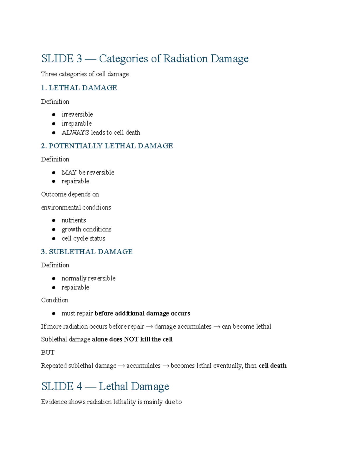 Rad Bio Notes: Categories of Radiation Damage and Repair Mechanisms ...