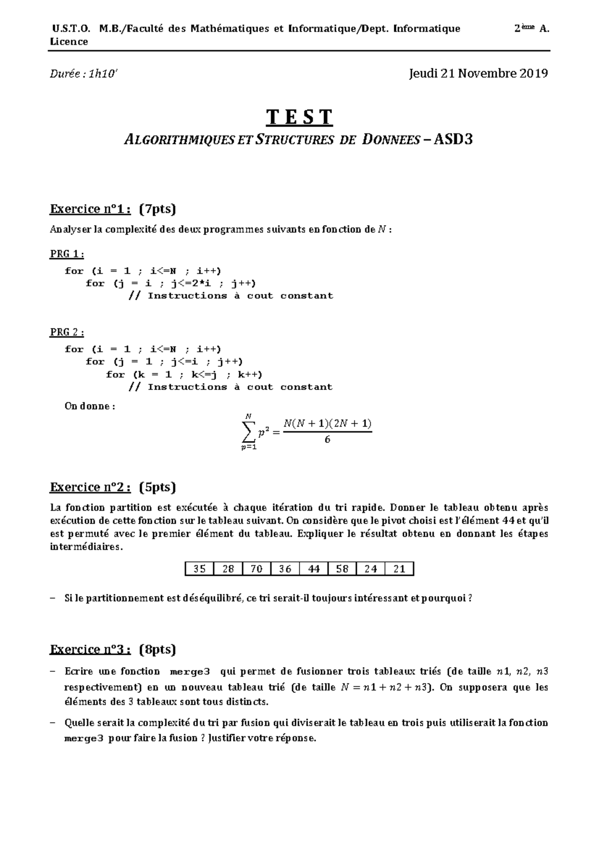 Test ASD 2019 - University USTO ASD3 L2 - U.S.T. M./Faculté des ...