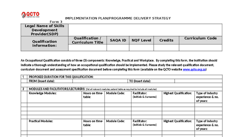 Form 3 Implementation Plan for Occupational Qualification (SAQA ID ...