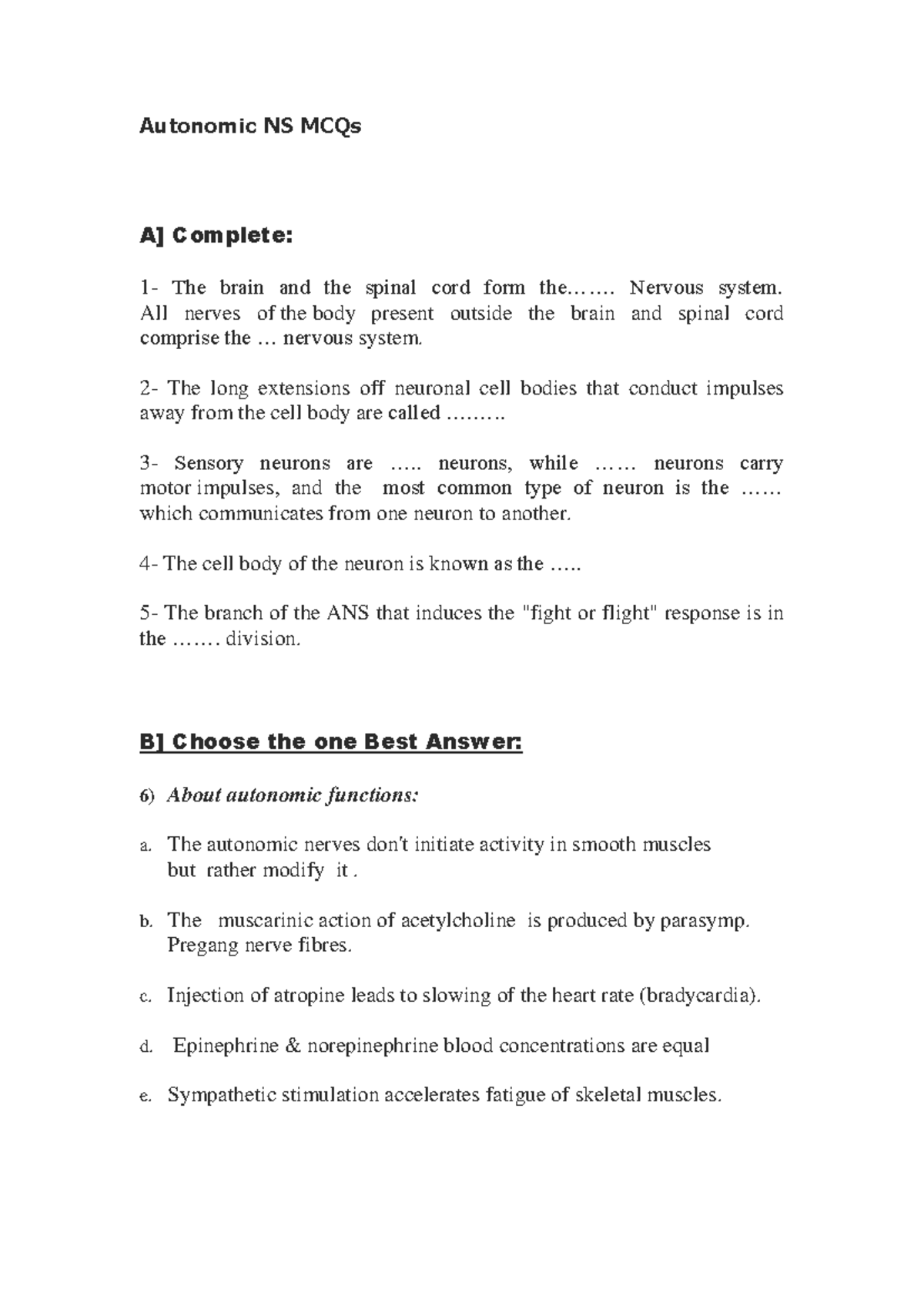 ANS MCQs - Comprehensive Guide to the Autonomic Nervous System - Studocu