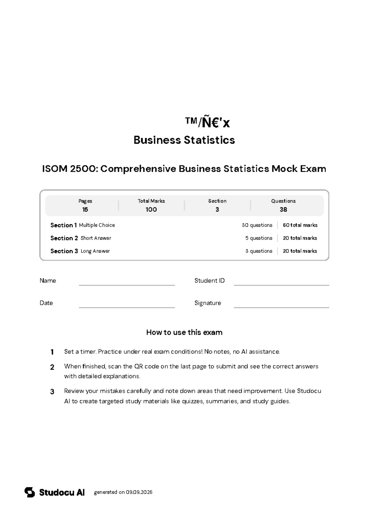 ISOM 2500: Business Statistics Mock Exam - Studocu