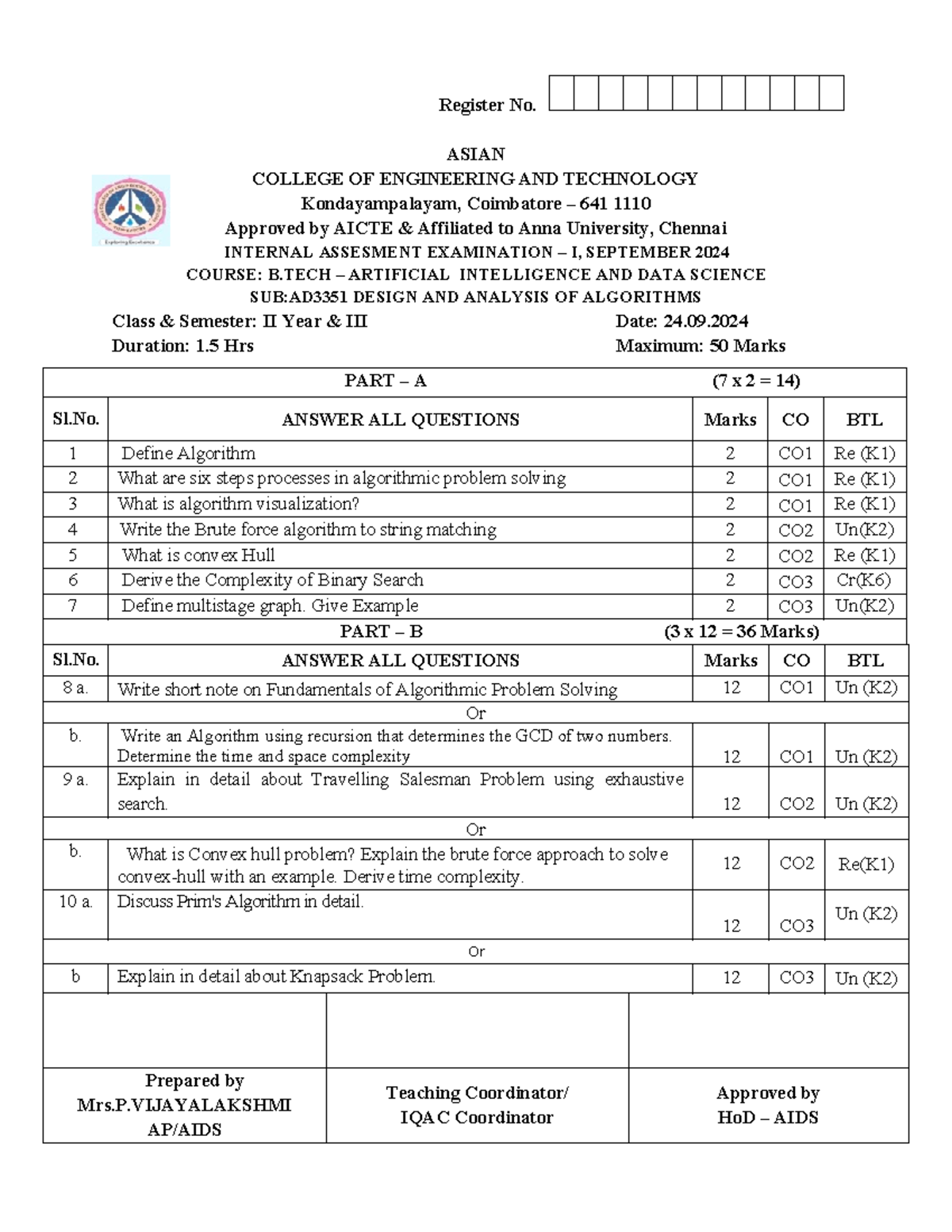 AD3351 DAA - Internal Assessment Exam I, Sept 2024, B.Tech AI & DS ...