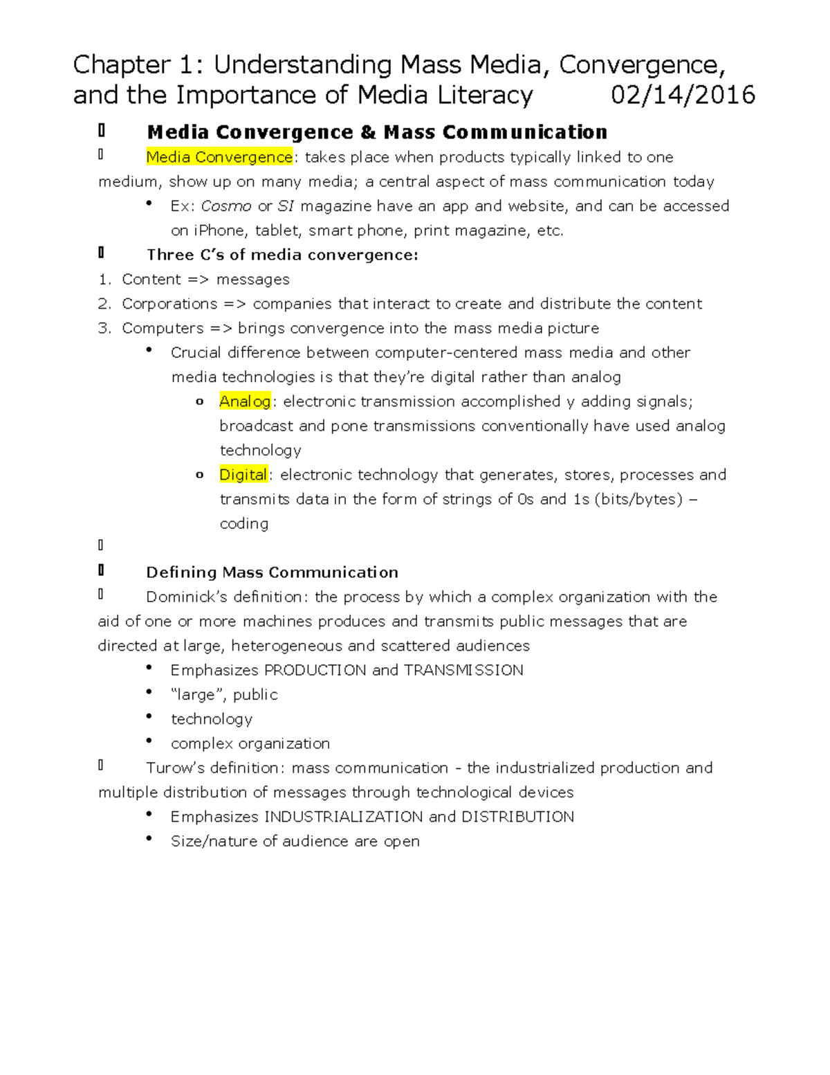MCM 101: Midterm 1 Study Guide on Mass Media & Media Literacy - Studocu