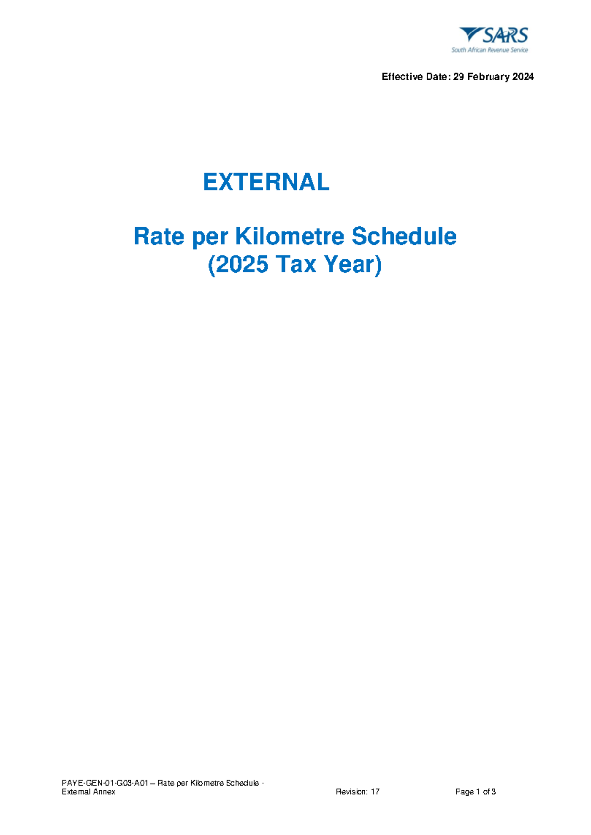 PAYE GEN 01 G03 A01 Rate per Kilometre Schedule - External Annex 2025 ...