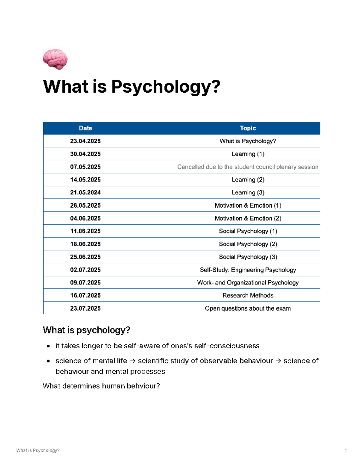 What is Psychology? - PSY101 Lecture 1 Notes - Studocu