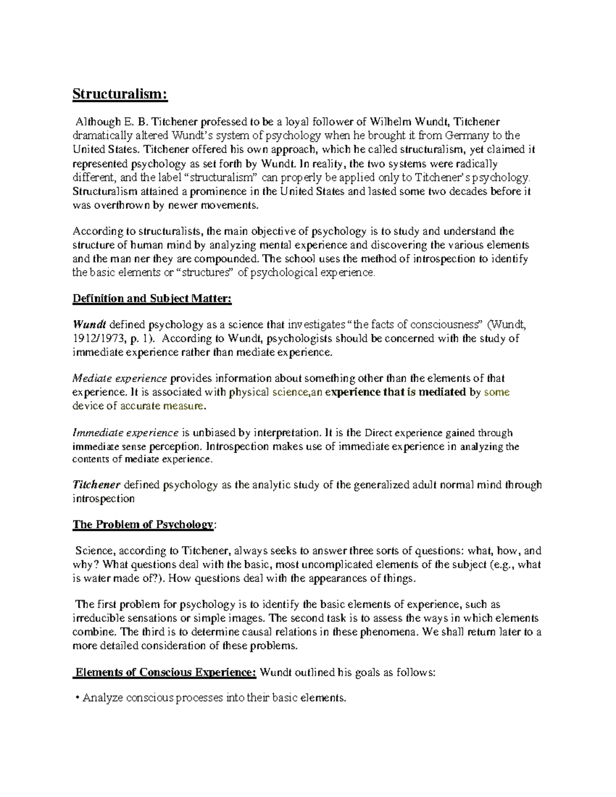 Structuralism: Core Concepts and Contributions in Psychology - Studocu