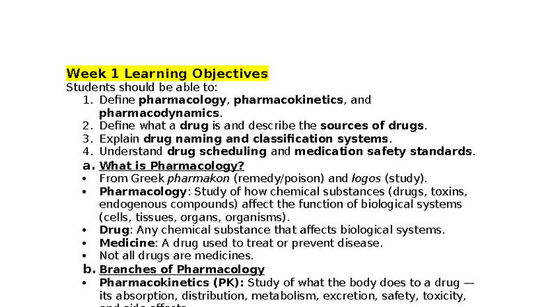 Week 1 Learning Objectives: Key Concepts in Pharmacology (PHAR101 ...