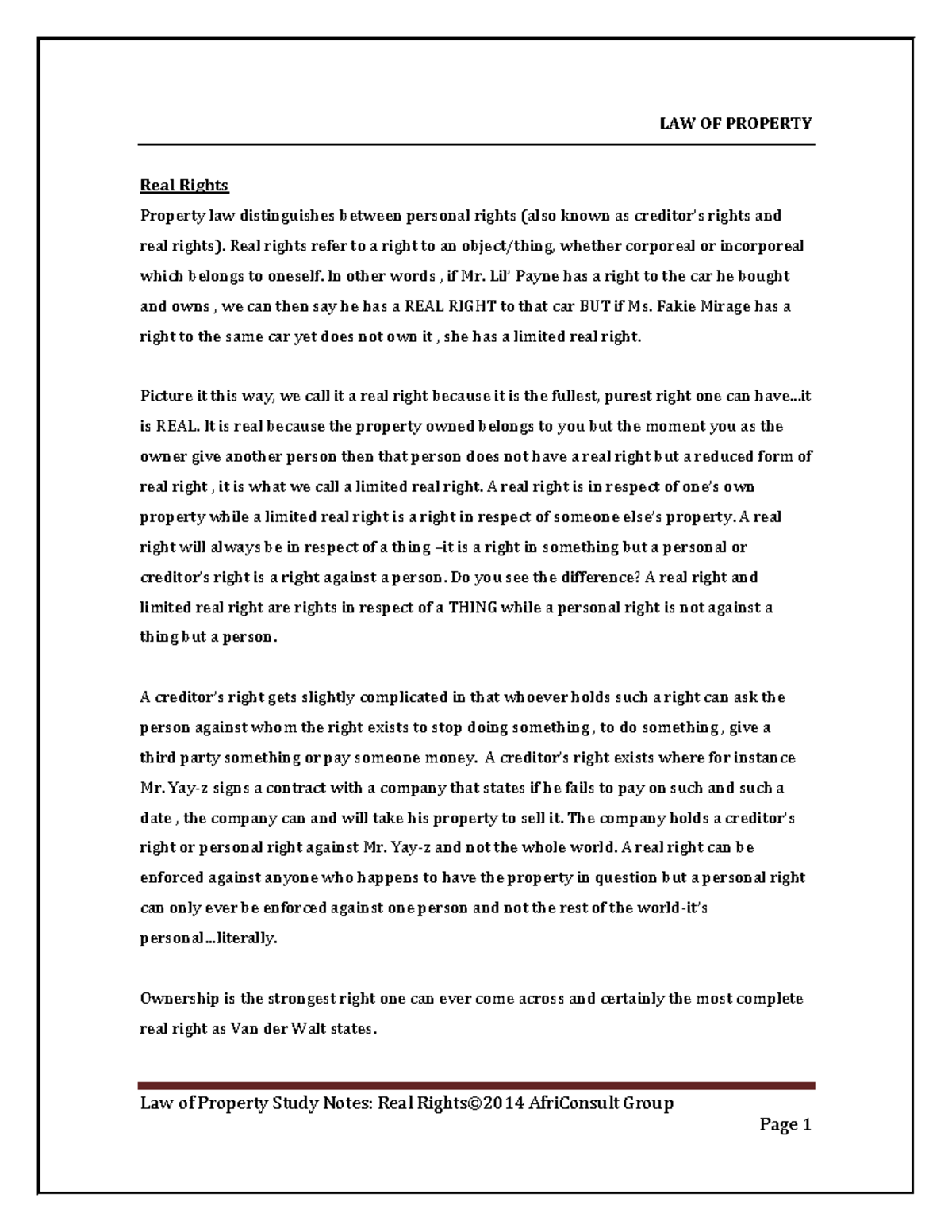 Property Law Notes - Real Rights - Wits University - Studocu